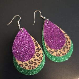 Sparkling Purple and Green Leopard Print Teardrop Earrings